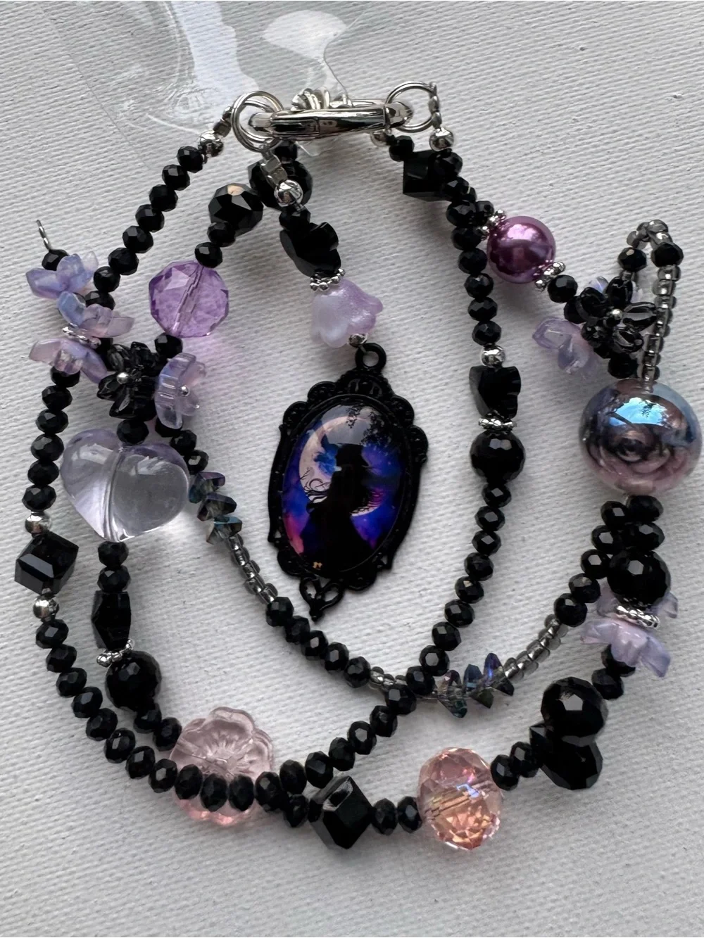 Handcrafted Black & Lavender Beaded Multi-Strand Phone Charm with Witch Cameo
